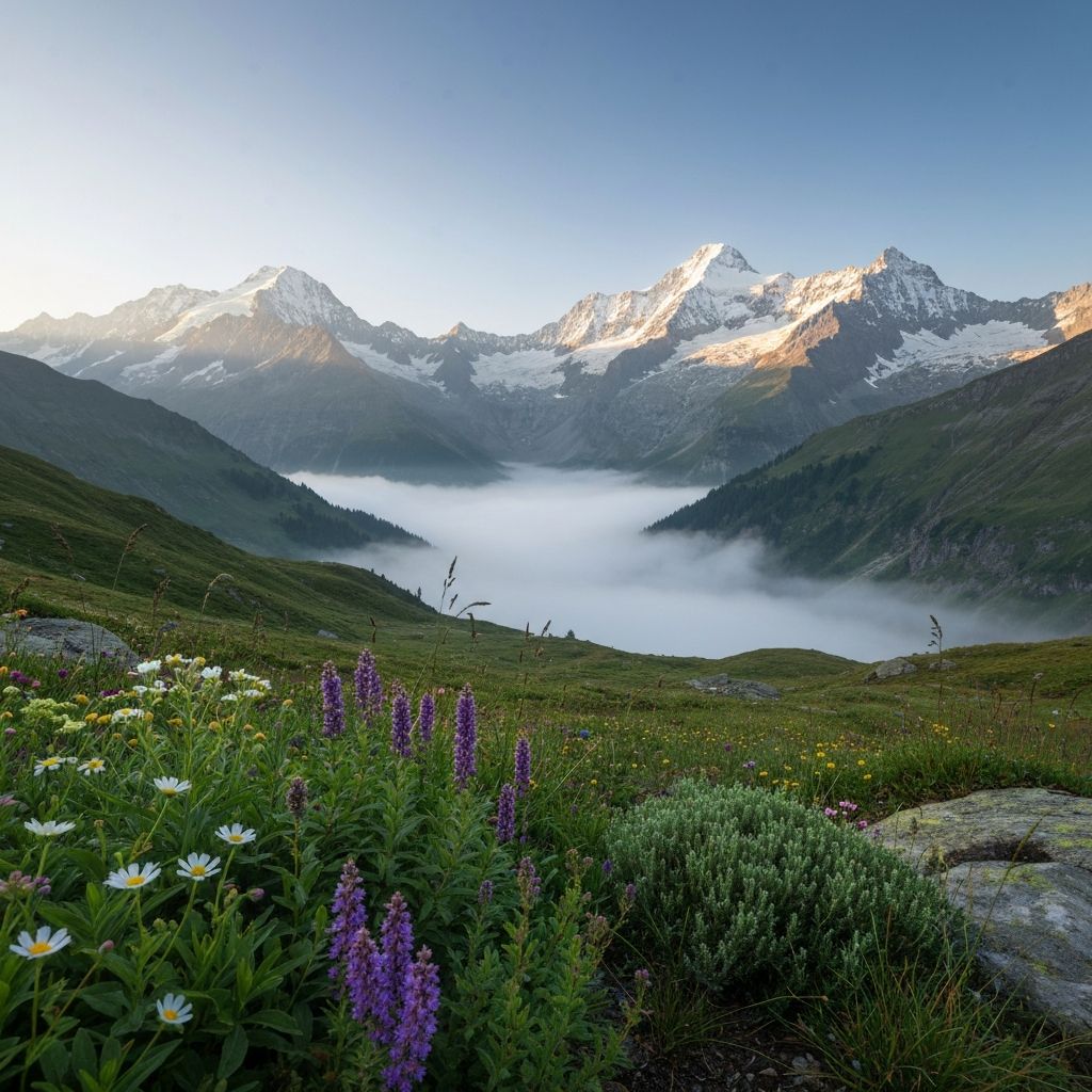 Alpenpanorama mit Wildkräutern